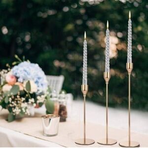 Gold Taper Candle Holder Metal, 9”. Set of 3.